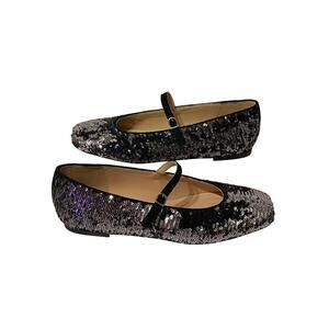 NWOB J.CREW Anya Mary Jane Flats Black Silver Sequin Size 7 Square Toe Sparkle